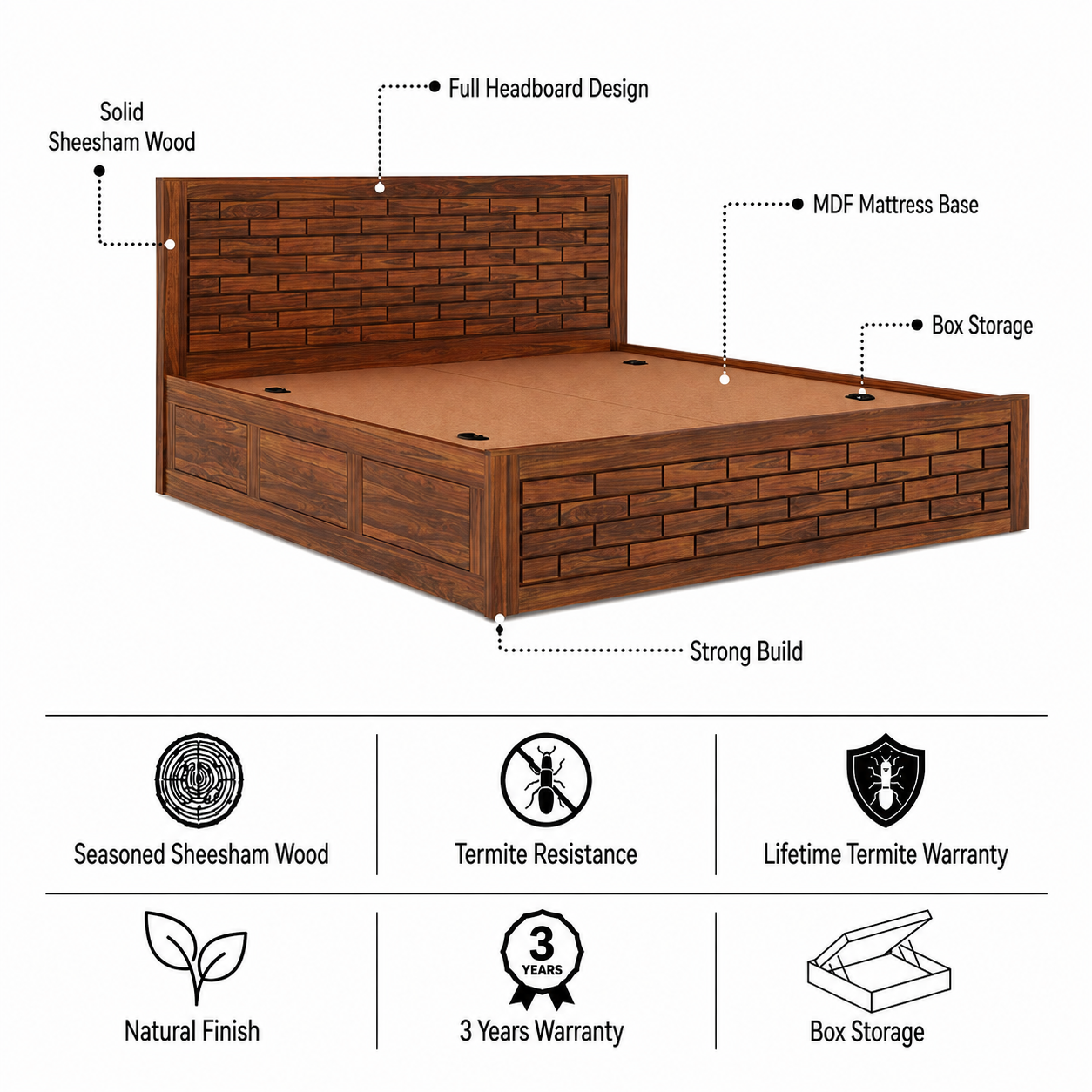 Italian Solid Sheesham Wood Bed with Box Storage FULL Headboard -  3 Years Warranty features