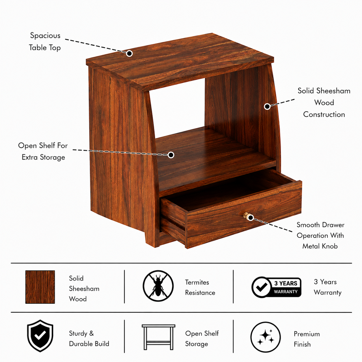 Mayor Solid Sheesham Wood  Bedside Table With One Drawer - 3 Years Warranty features