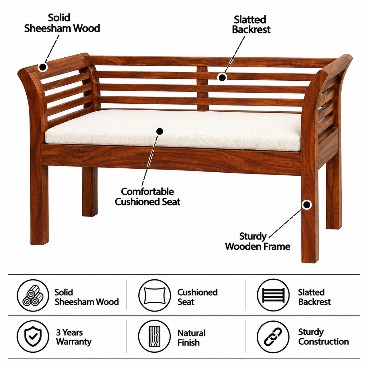 Italian Solid Sheesham Wood Bench - 3 Years Warranty
