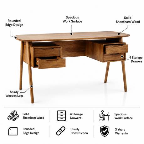 Trace Solid Sheesham Wood Study Table with Storage - 3 Years Warranty