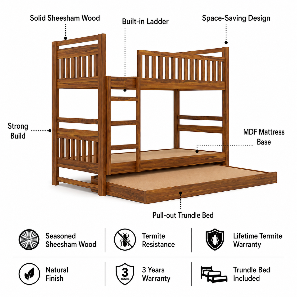 Swift Solid Sheesham Wood Bunk Bed With Ladder & Trundle Bed - 3 years Warranty features