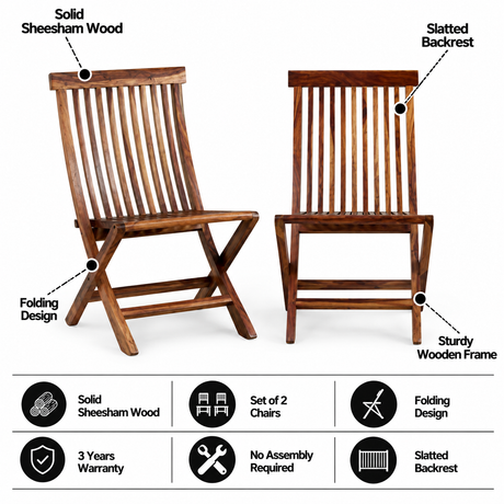 Retro Solid Sheesham Wood Set of-2 Folding Chair  - 3 years Warranty