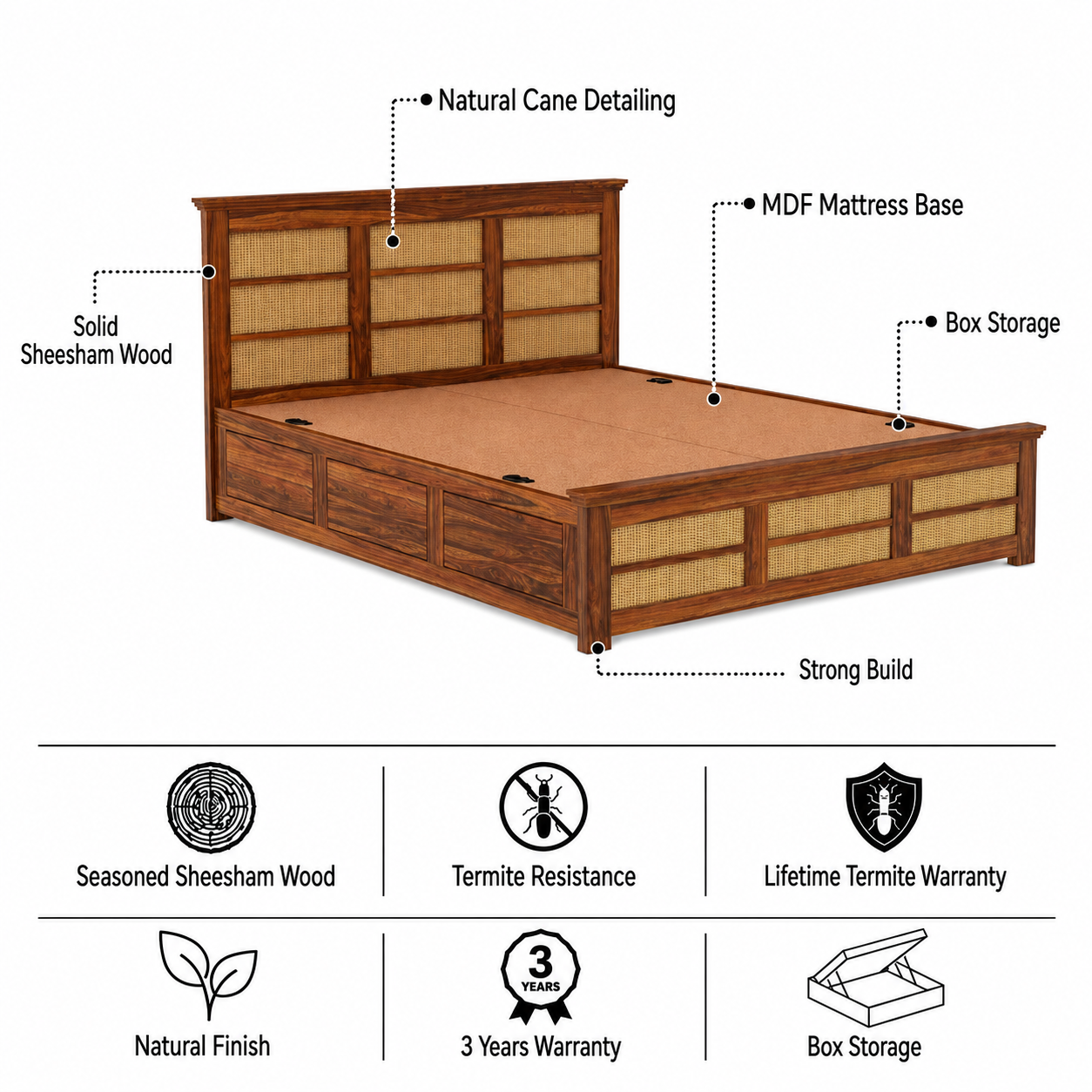 Syrus Solid Sheesham Wood Cane Bed With Box Storage Bed - 3 Years Warranty features
