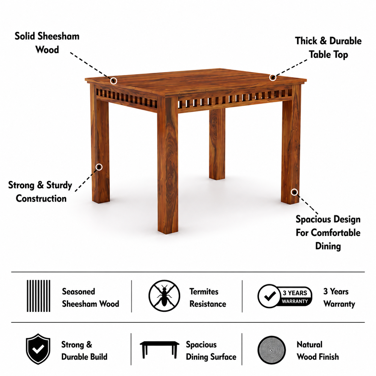Armania Solid Sheesham Wood 4 Seater Dining Table Set - 3 Years Warranty features
