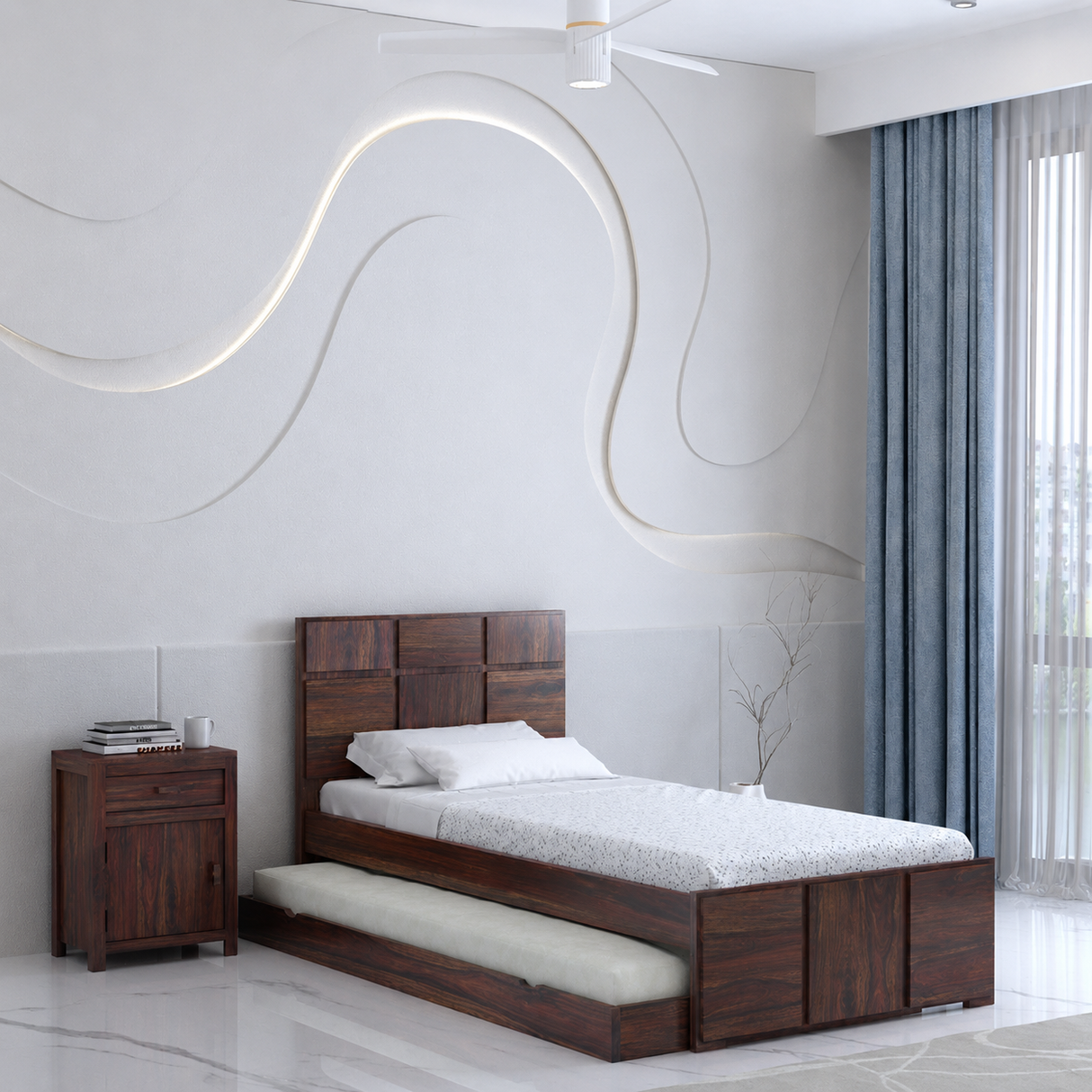 Scott Solid Sheesham Wood Single Trundle Bed Without Storage - 3 years Warranty