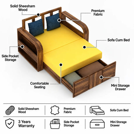 Scott Solid Sheesham Wood 2 Seater Sofa Cum Bed With Mini Storage - 3 Years Warranty