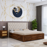 Swiss Solid Sheesham Wood Bed With Box Storage & Fabrio Style Upholstered Headboard-3 years Warranty(LUXE EDITION)