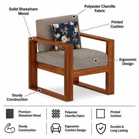 Euro Solid Sheesham Wood Single Seater Sofa - 3 Years Warranty