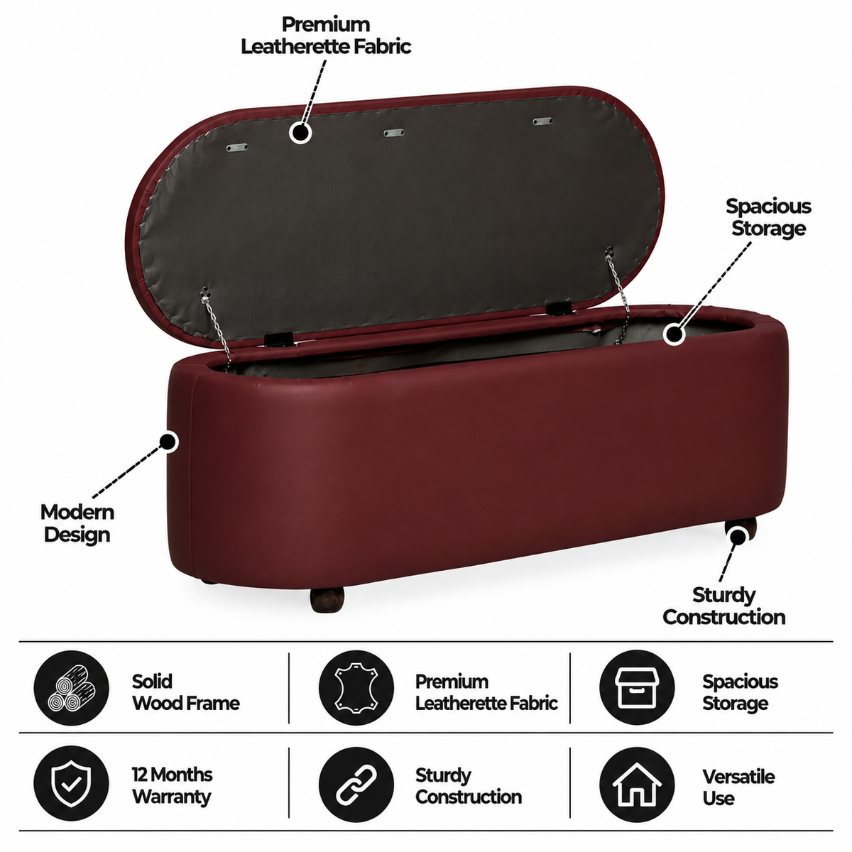ROMAN Upholstered Ottoman Bench With Storage - 12 Months Warranty(Wine)