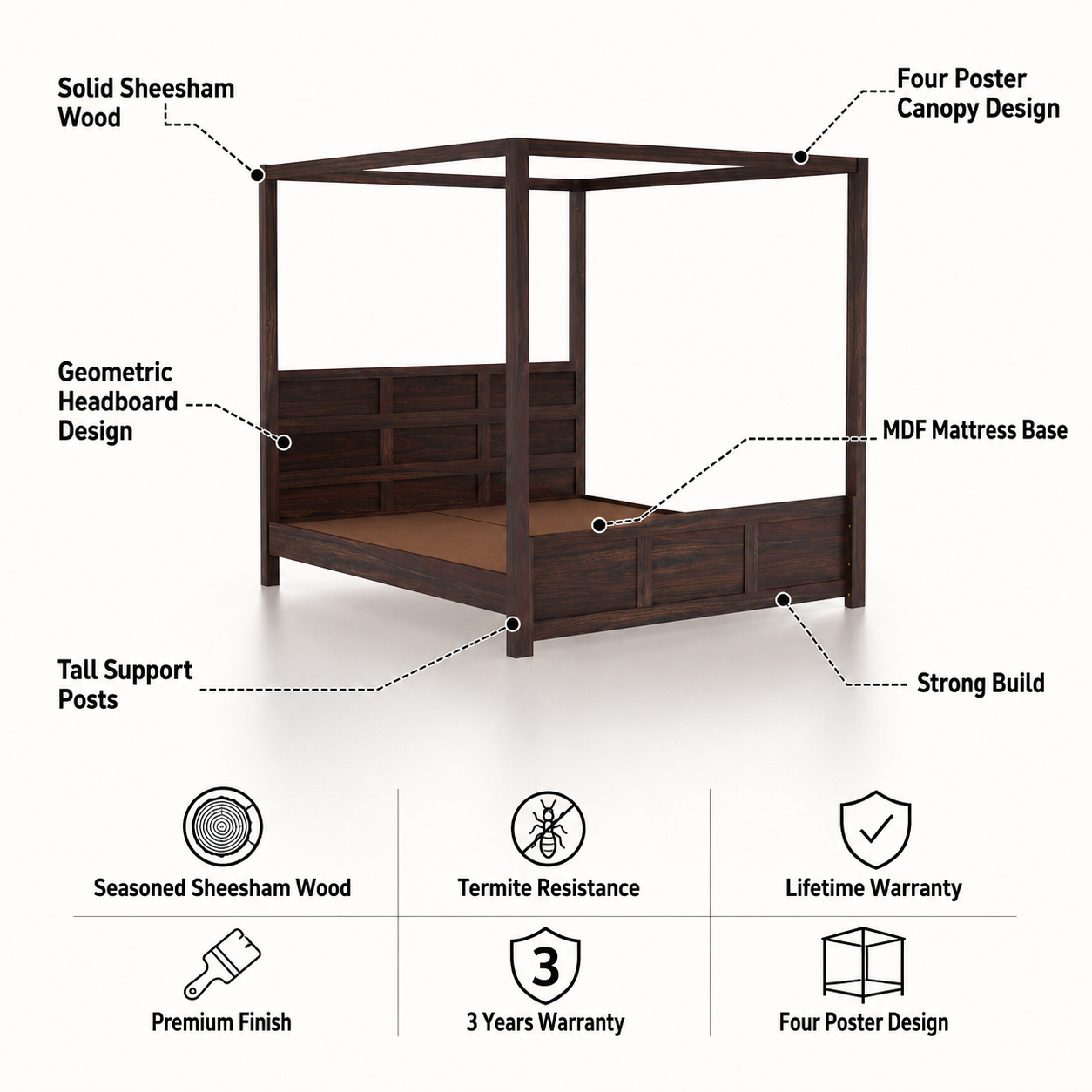 Akon Solid Sheesham Wood Poster Bed - 3 Years Warranty features