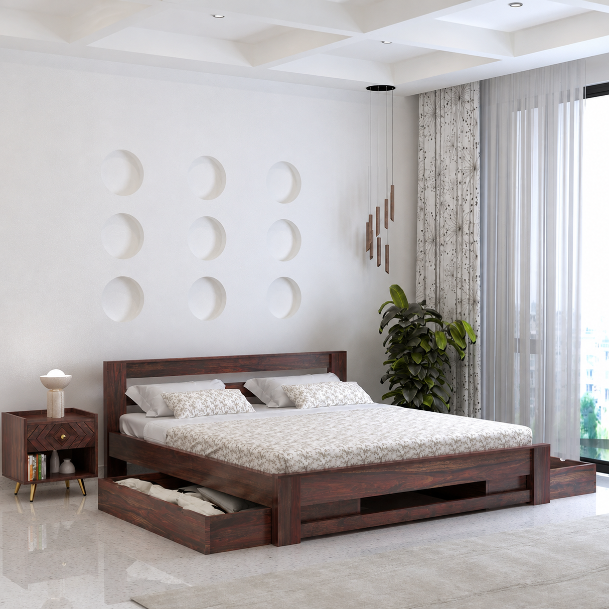 Foster Bed in Solid Sheesham Wood With Drawer Storage - 3 Years Warranty