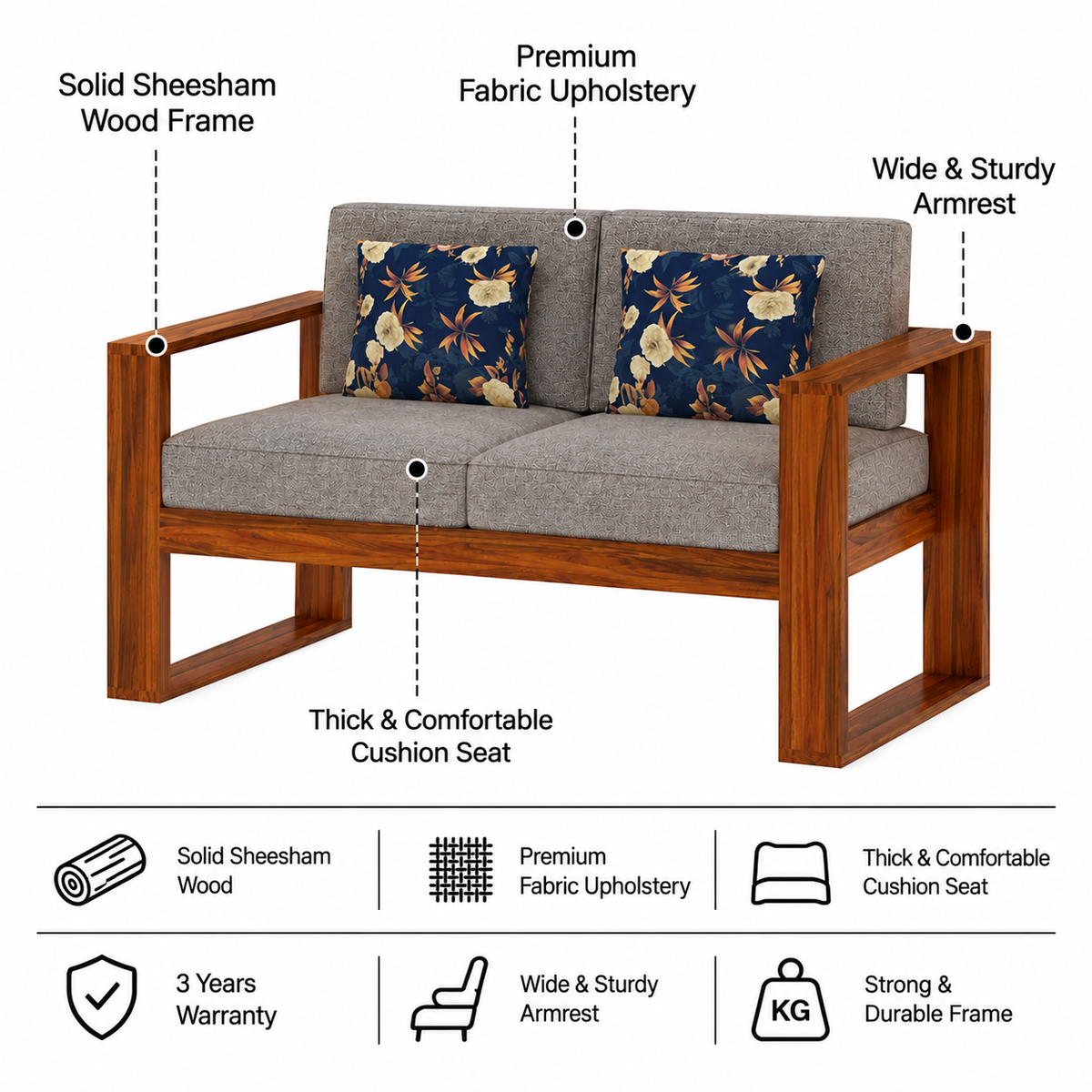 Euro Solid Sheesham Wood 2 Seater Sofa - 3 Years Warranty features