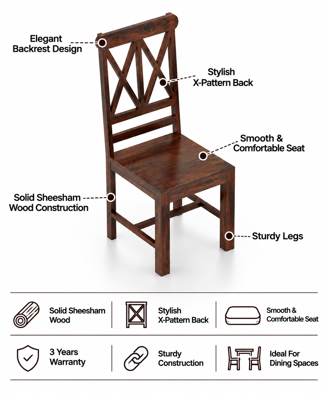 Cross Solid Sheesham Wood Office/Study/Dining Chair - 3 Years Warranty