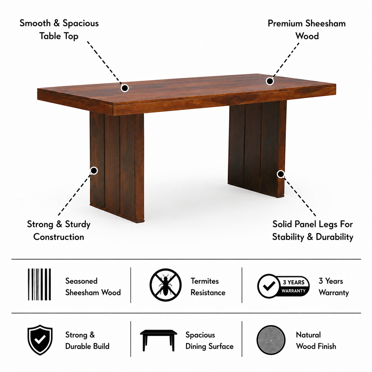 Mayor Solid Sheesham Wood 6 Seater Dining Table Set - 3 Years Warranty features