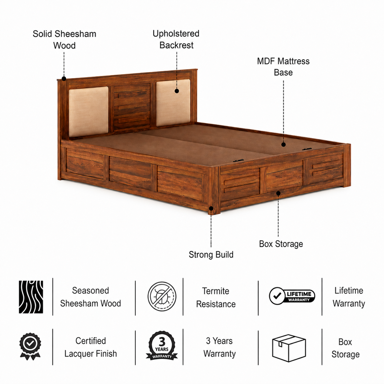 Swiss Solid Sheesham Wood Box Storage Bed With Upholstered Backrest - 3 years Warranty features