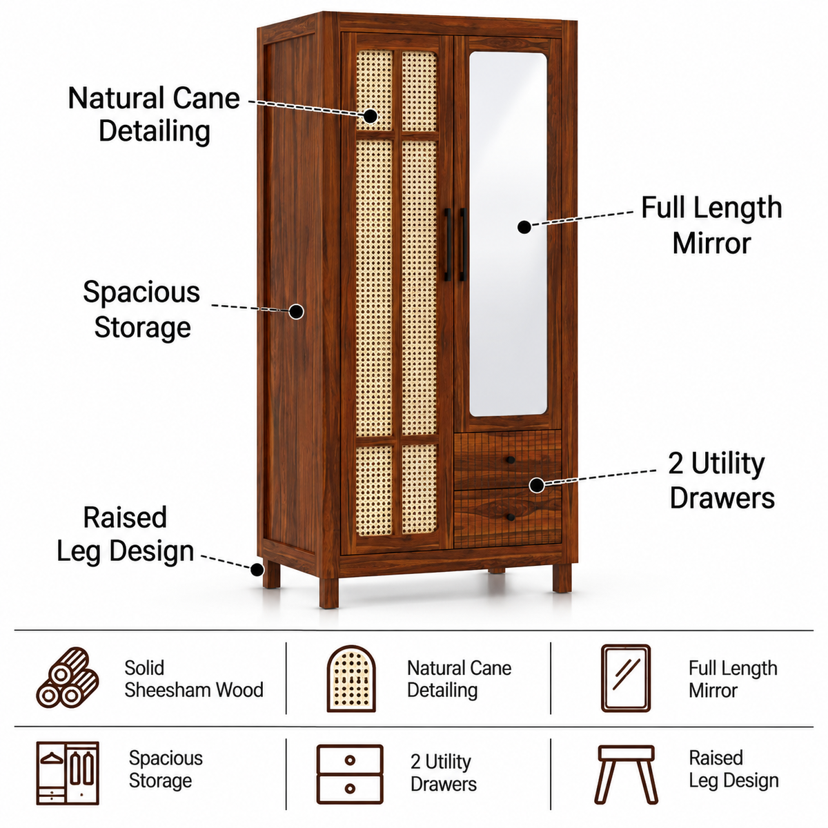 Robuston Solid Sheesham Wood Wardrobe With Two Doors, Mirror and Two Drawers - 3-Year