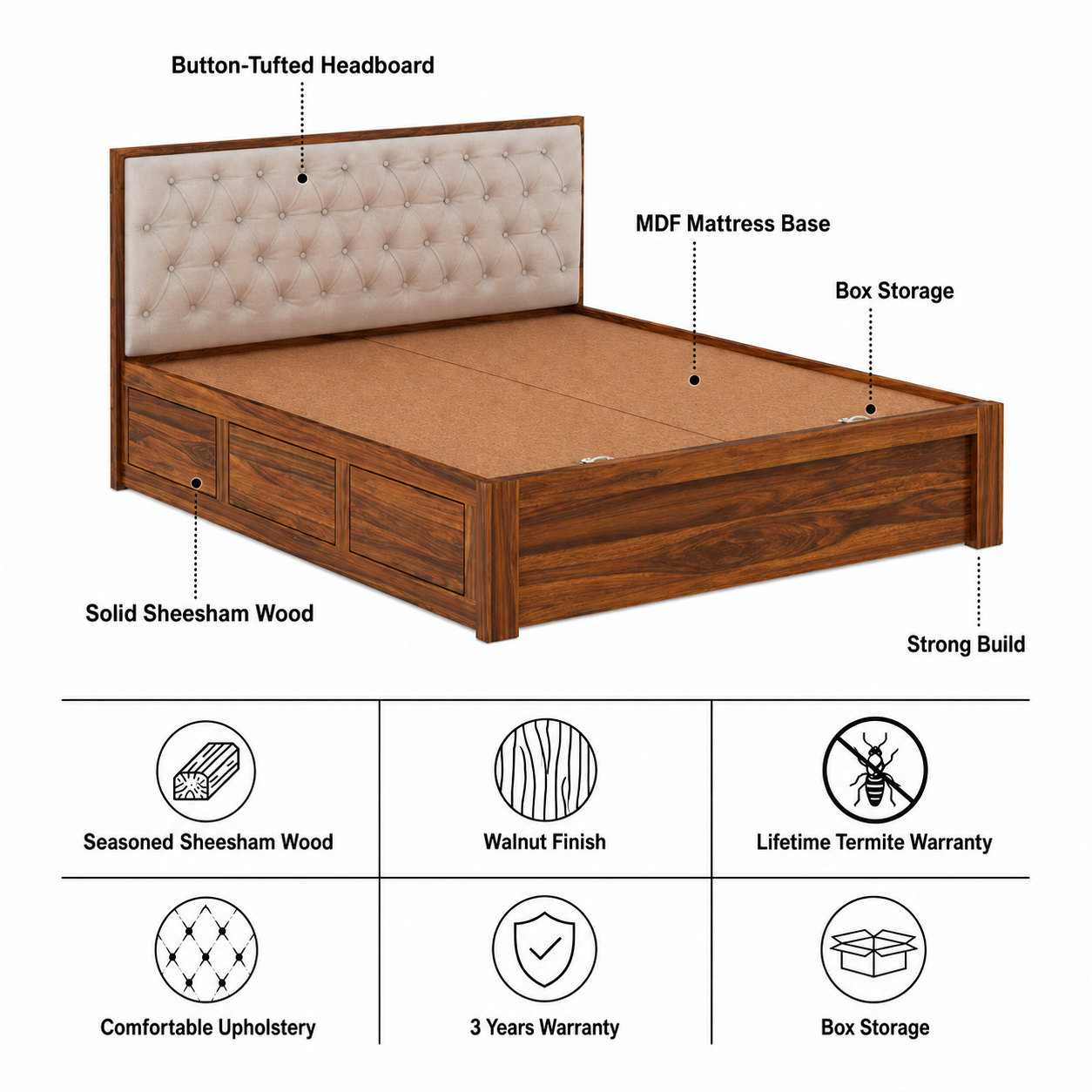 Decan Solid Sheesham Wood Bed with Box Storage and Upholstery Headboard - 3 Years Warranty features