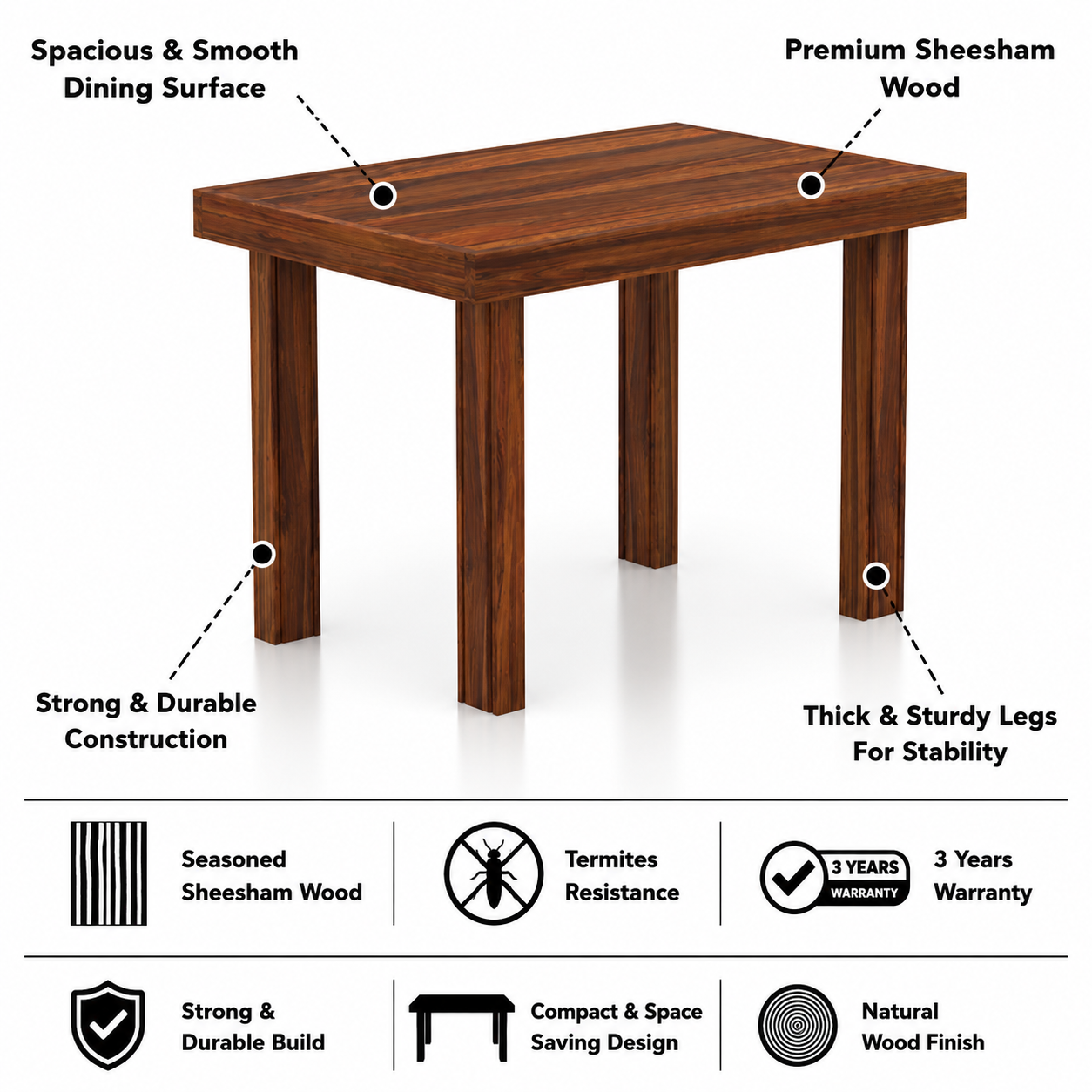 Cairo Solid Sheesham Wood 2 Seater Dining Table Set - 3 Years Warranty features