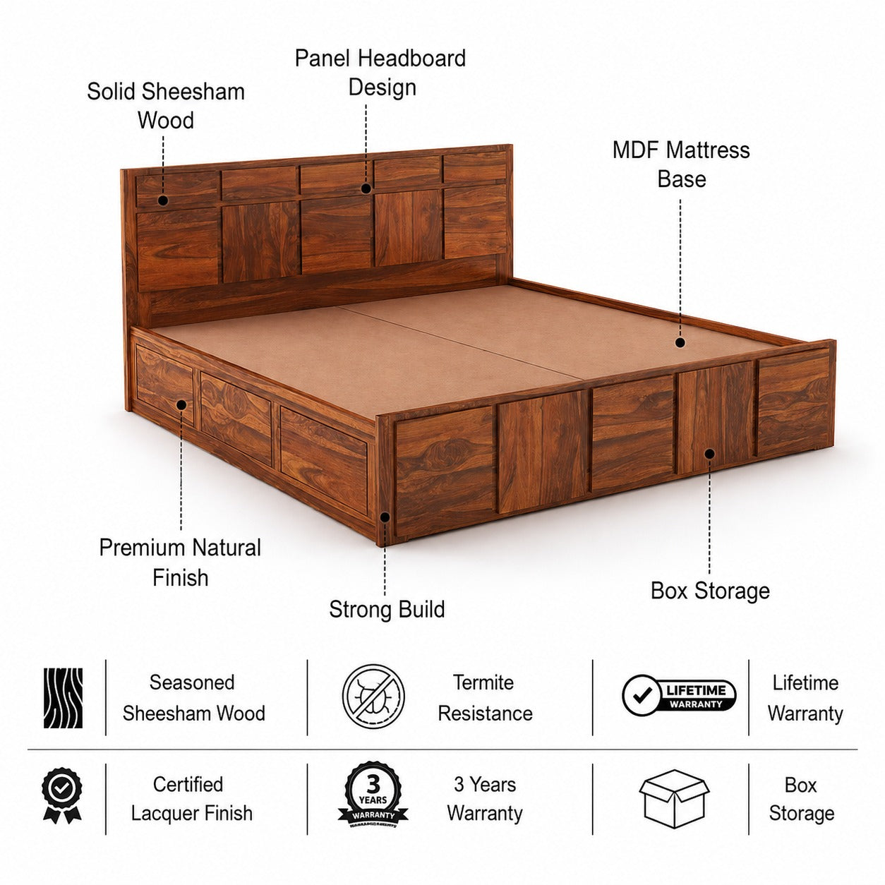 Scott Solid Sheesham Wood Bed With Box Storage - 3 Years Warranty features