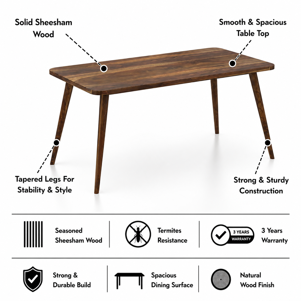 Emporio Solid Sheesham Wood 6 Seater Dining Table Set - 3 Years Warranty features