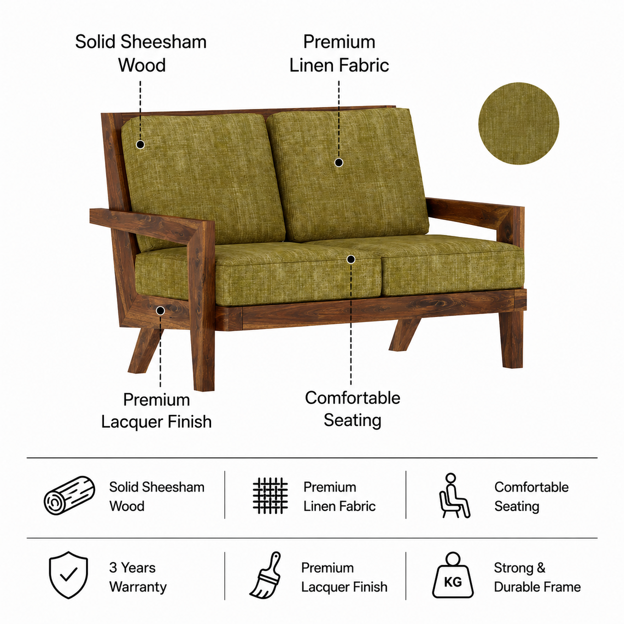 AURA Solid Sheesham Wood 2 Seater Sofa - 3 Year Warranty (LUXE EDITION) features