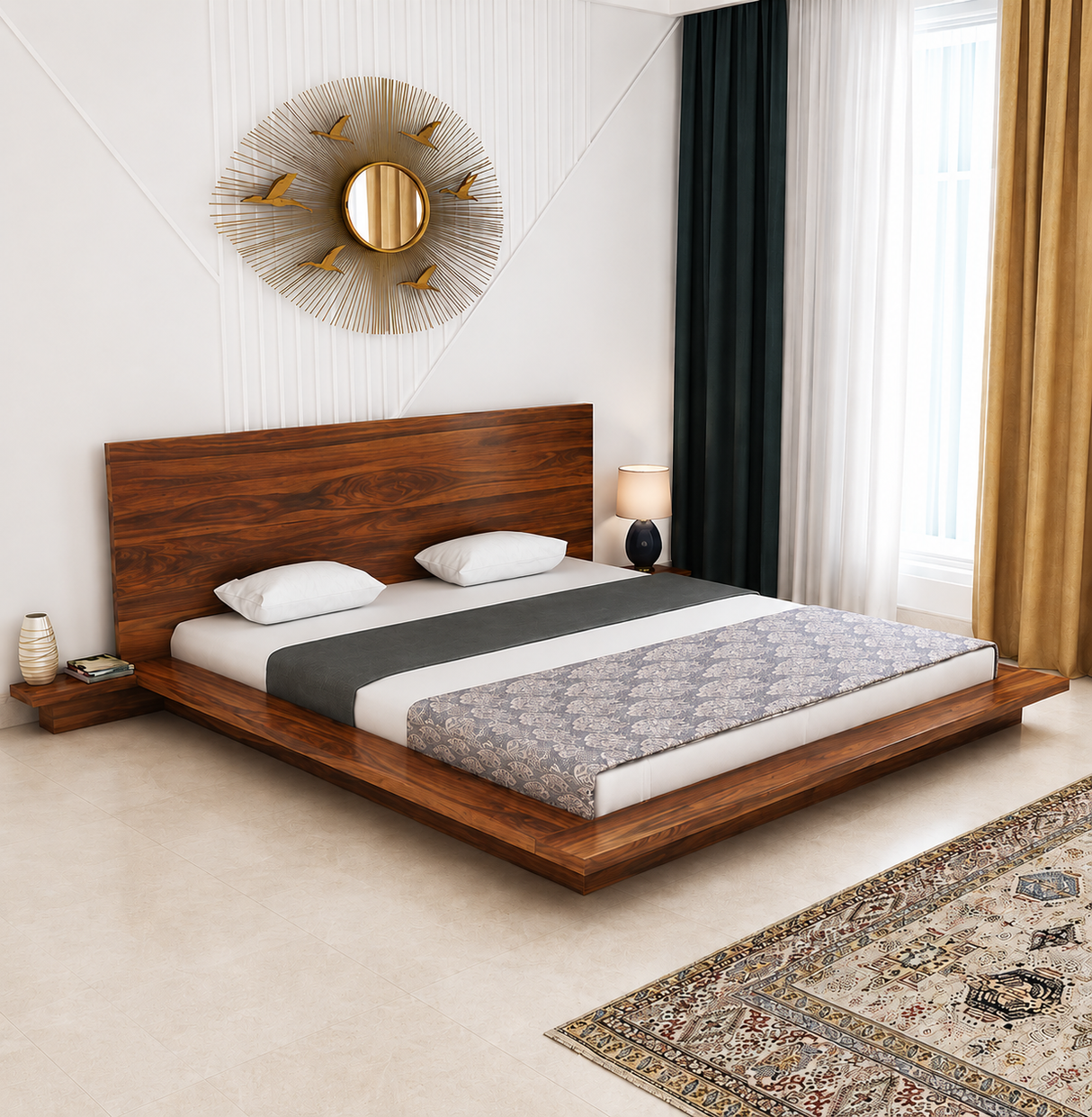 Lurid Solid Sheesham Wood Low Height Platform Bed with bedsides - 3 years Warranty