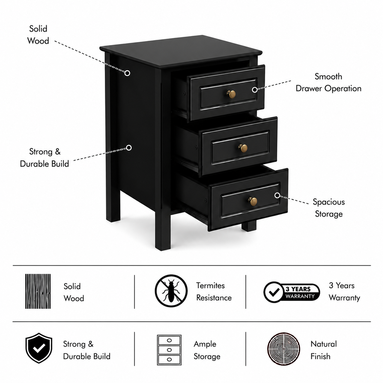 ISAAC Solid Sheesham Wood Bedside Table - 3 Years Warranty (LUXE EDITION) features