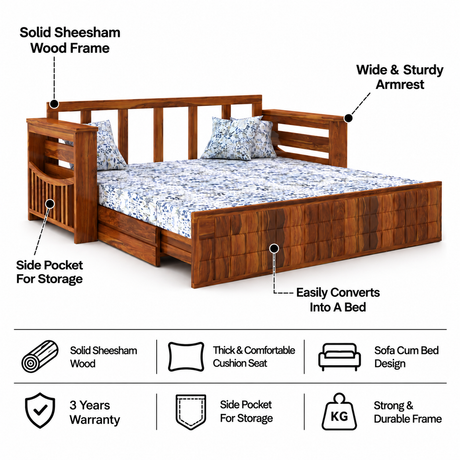 OSLO Solid Sheesham Wood 3 Seater Sofa Cum Bed With Side Pockets FLORAL - 3 Years Warranty