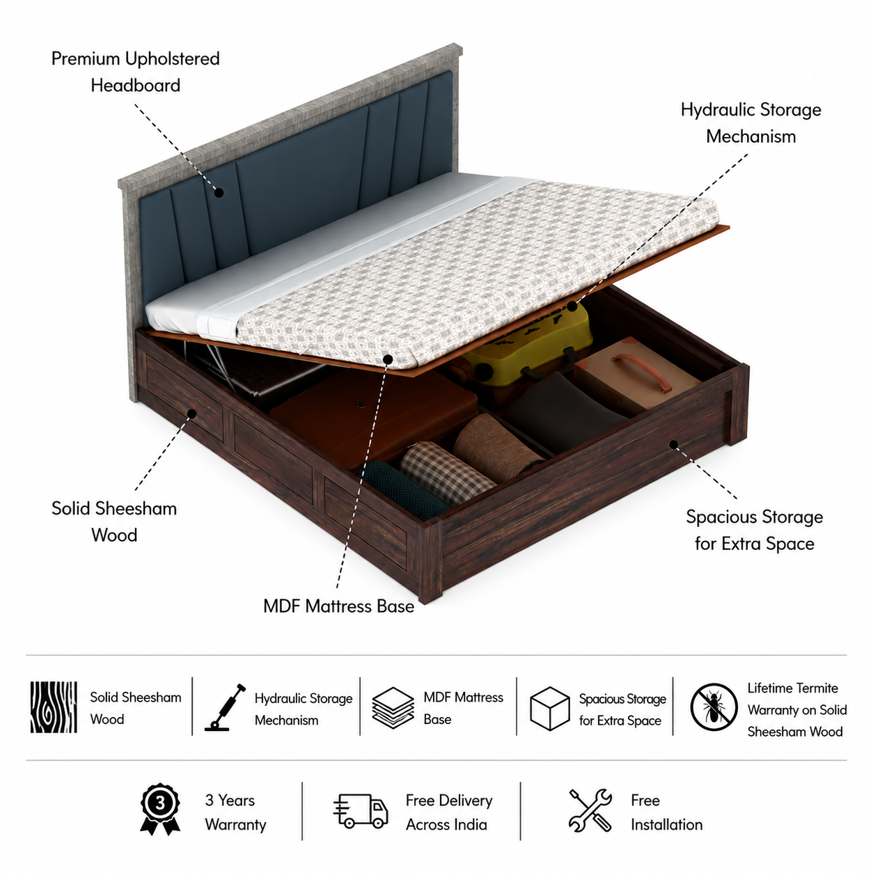 Emporio Solid Sheesham Wood Bed With Hydraulic Box Storage & Upholstered Headboard-3 years Warranty(LUXE EDITION) features
