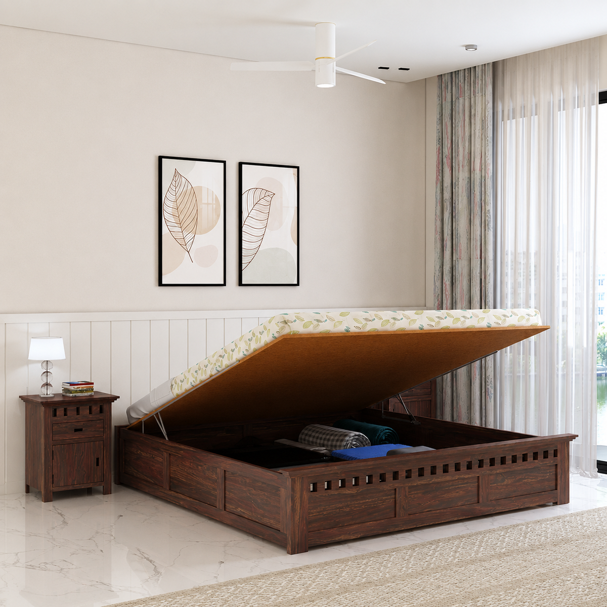 Armania Solid Sheesham Wood Bed With Hydraulic Storage Without Headboard - 3 years Warranty