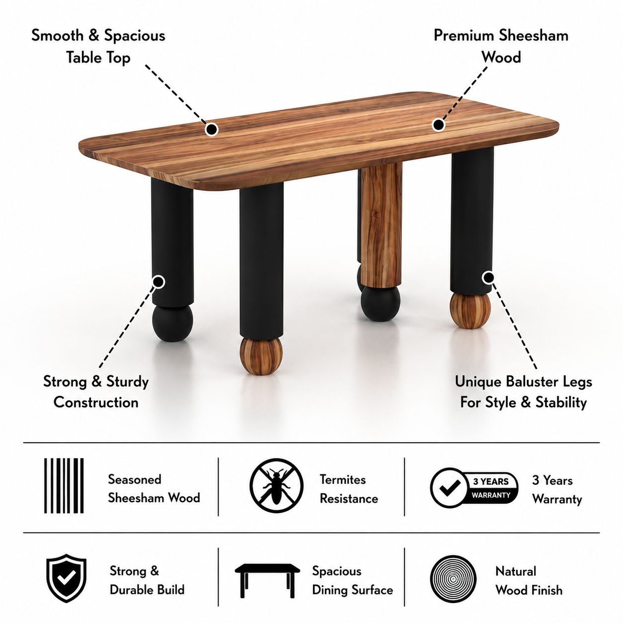 Genova Solid Acacia Wood 6 Seater Dining Table Set - 3 Years Warranty features