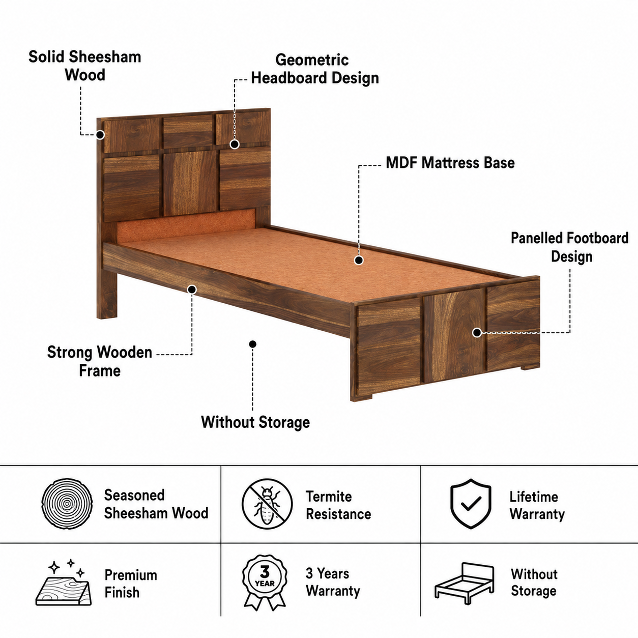 Scott Solid Sheesham Wood Single Bed  - 3 years Warranty features