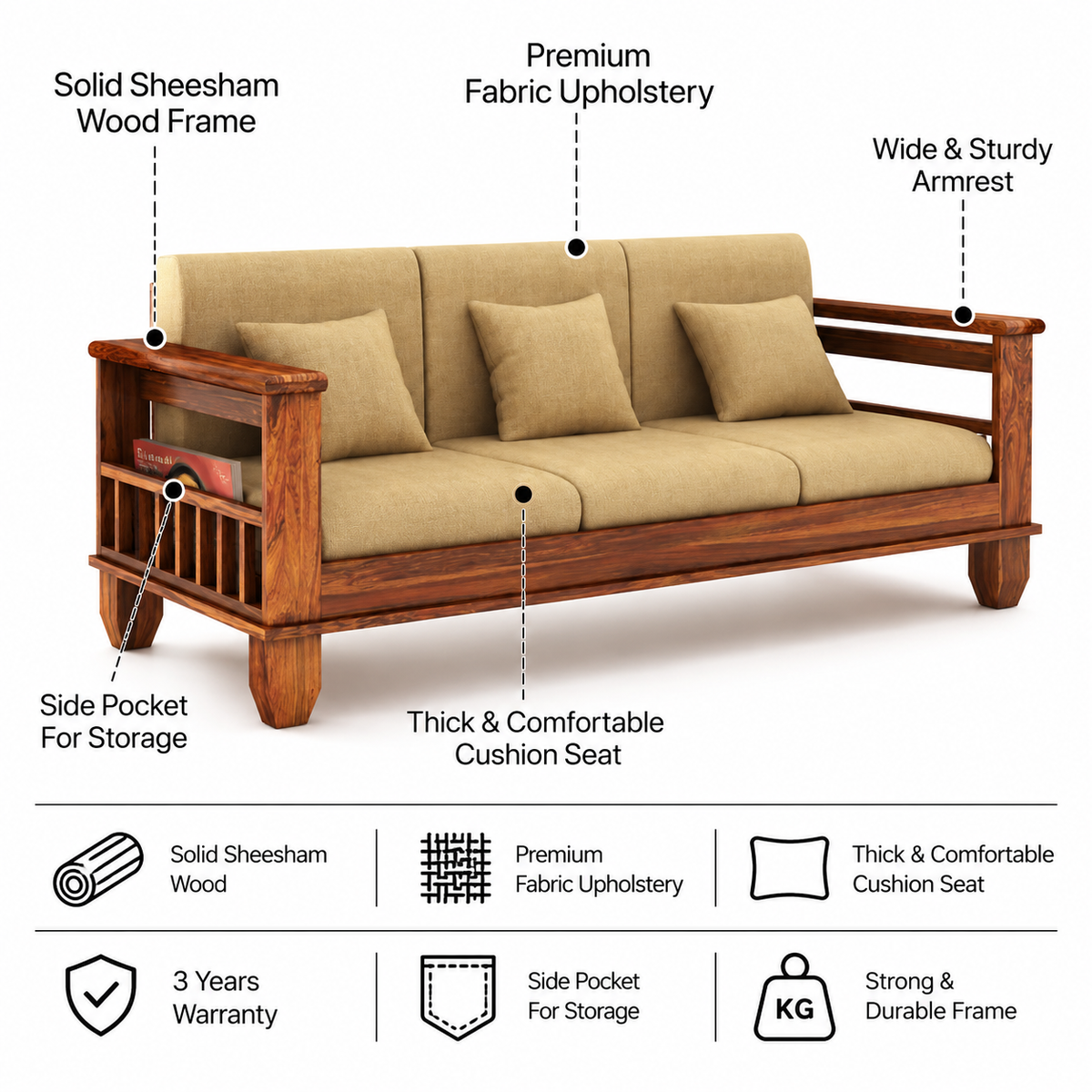 Maharaja Solid Sheesham Wood 3 Seater Sofa With Side Pockets - 3 Years Warranty features