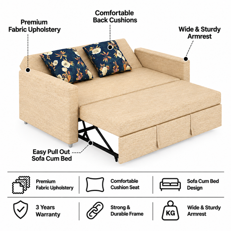 Victoria Fabric 3 Seater Pull Out Sofa Cum Bed(BEIGE) - 24 Months Warranty