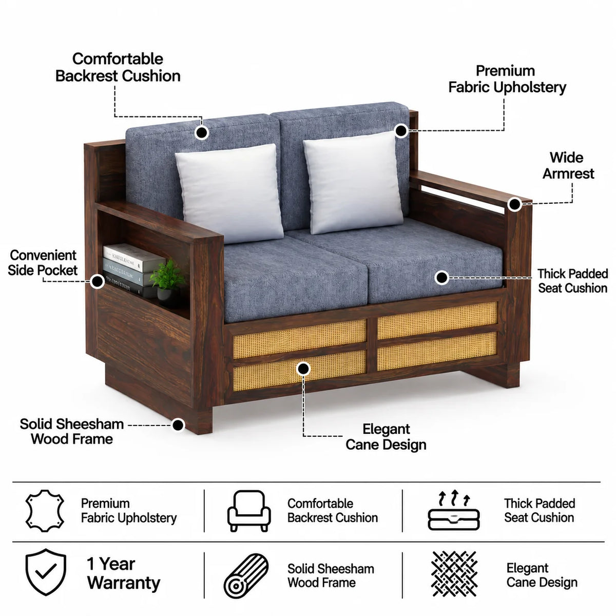 Syrus Solid Sheesham Wood 2 Seater Sofa With Side Pocket and Cane Design -3 Years Warranty