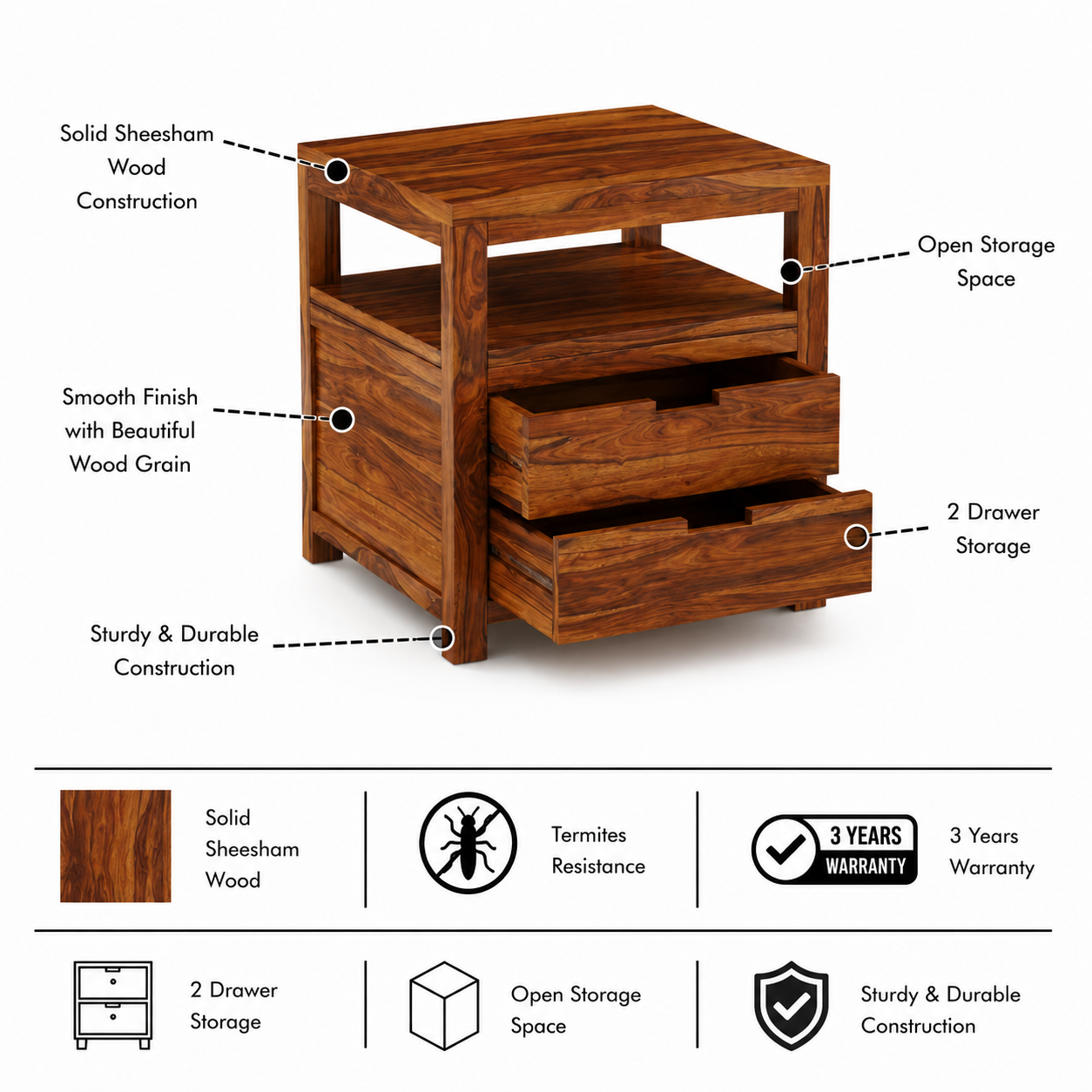 Rayon Solid Sheesham Wood Bedside Table With Two Drawer Storage -3 Years Warranty features