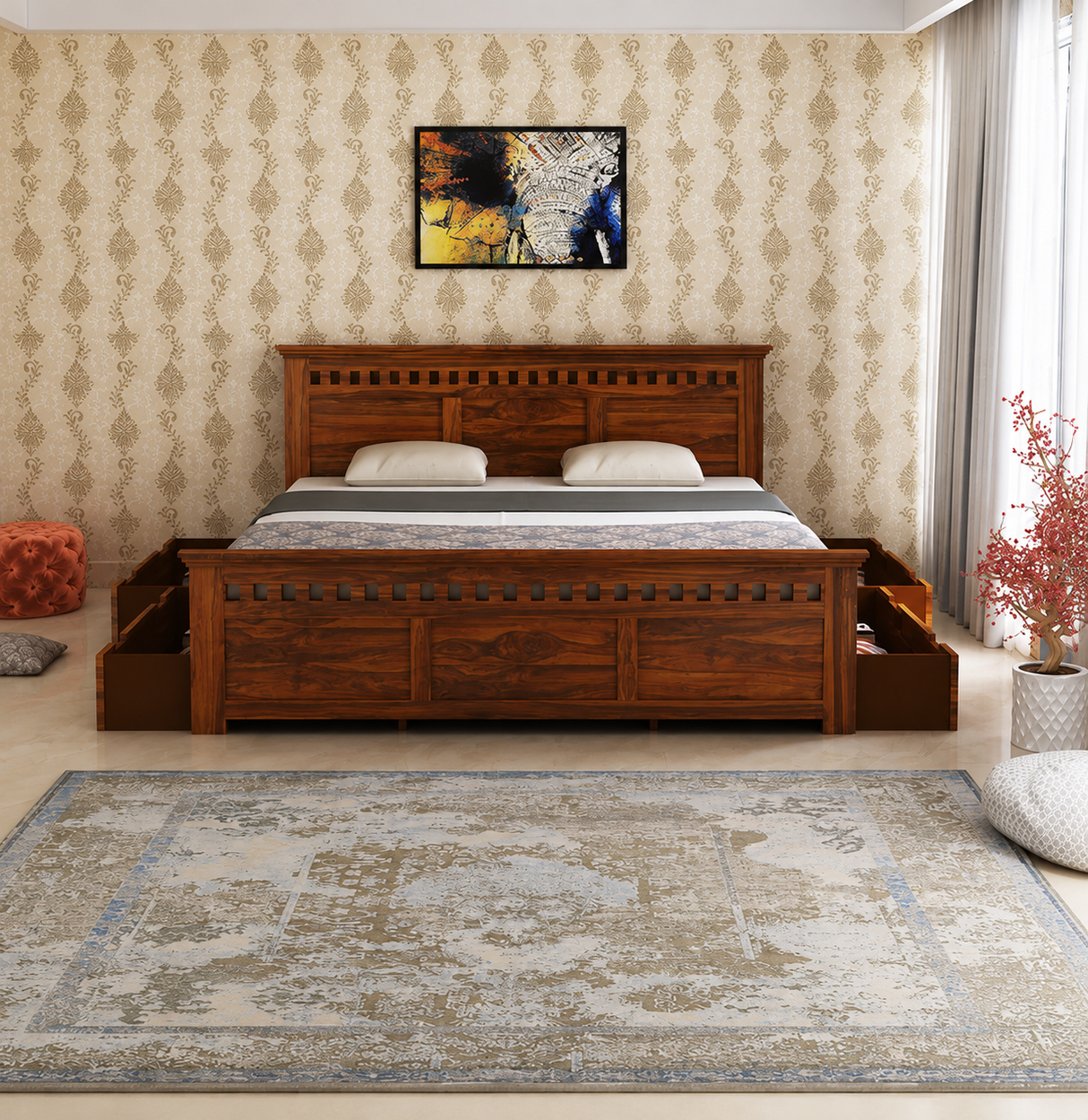 Armania Solid Sheesham Wood Bed With Four Drawer Storage - 3 Years Warranty