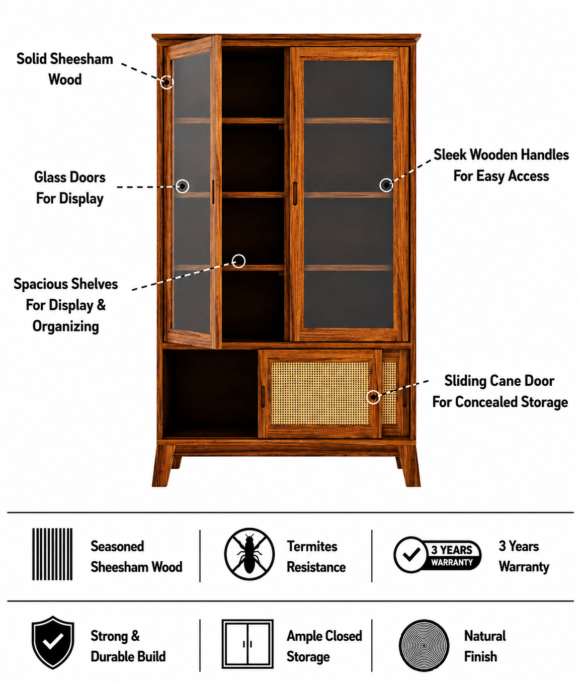 Cosmos CANE Sliding Door Display Unit in Solid Sheesham Wood - 3 Years Warranty features