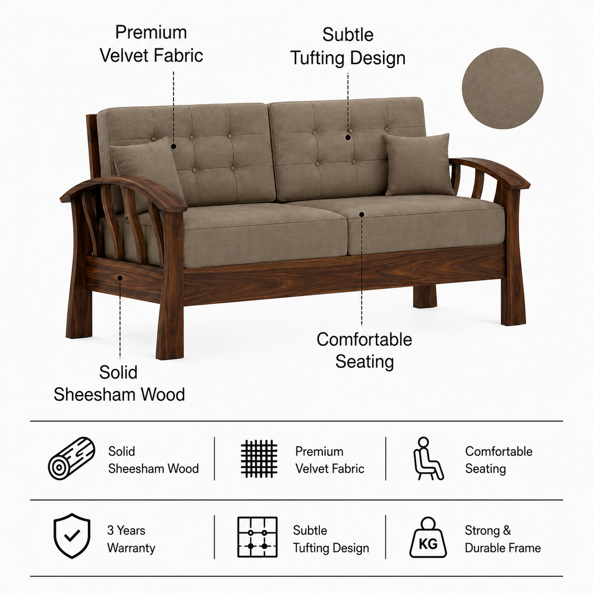 CROWN Solid Sheesham Wood 3 Seater Sofa - 3 Year Warranty (LUXE EDITION) features