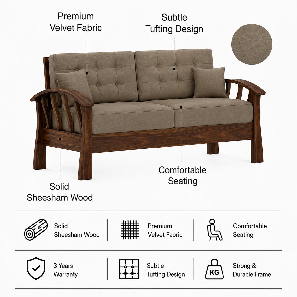 CROWN Solid Sheesham Wood 3 Seater Sofa - 3 Year Warranty (LUXE EDITION)