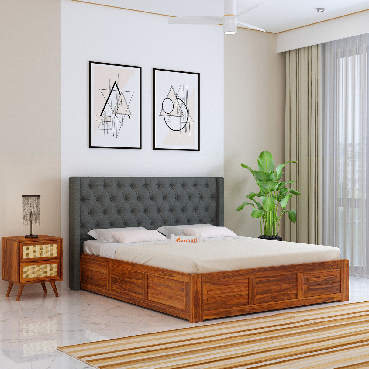 Swiss Solid Sheesham Wood Bed With Box Storage & Fabrio Style Upholstered Headboard-3 years Warranty(LUXE EDITION)