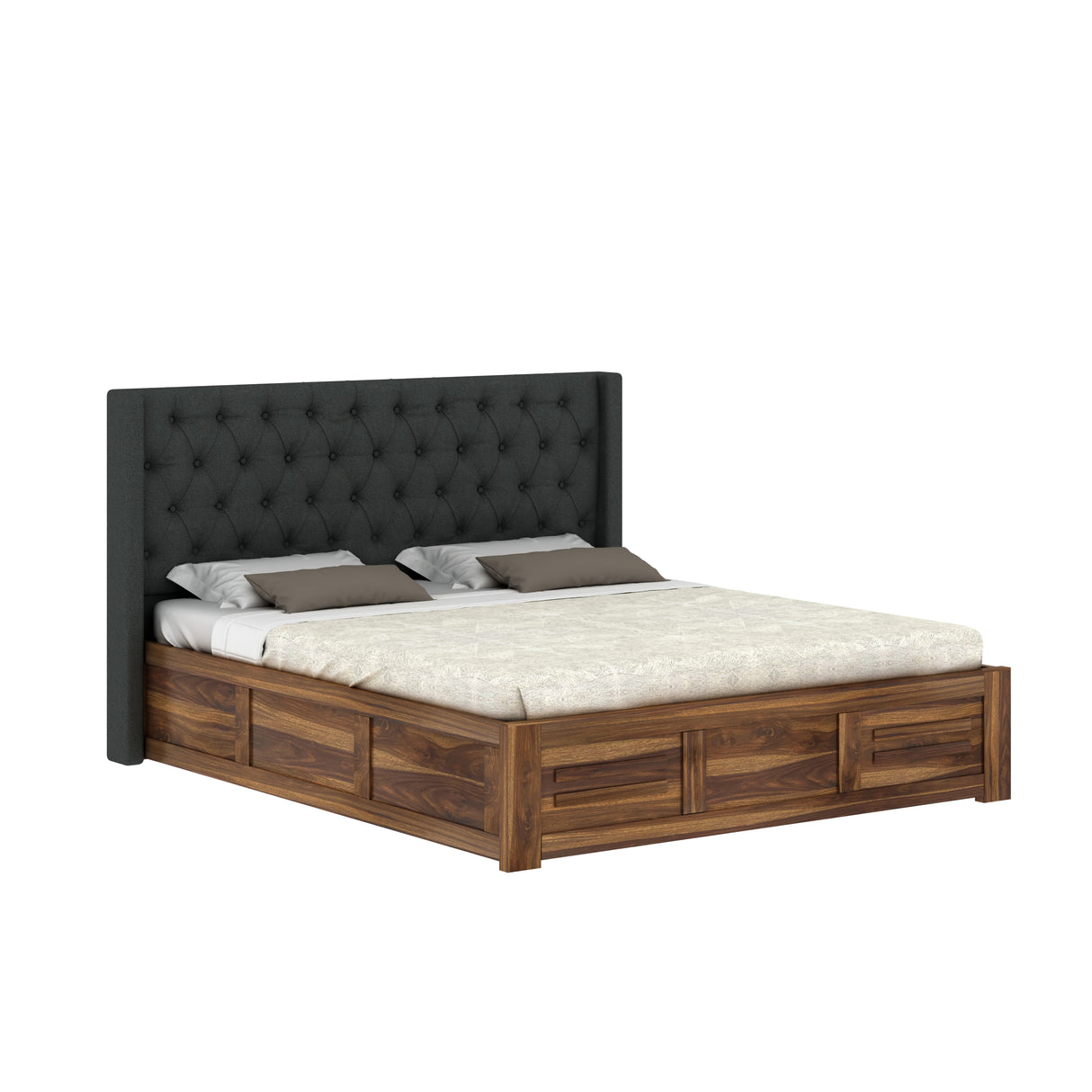 Swiss Solid Sheesham Wood Bed With Box Storage & Fabrio Style Upholstered Headboard-3 years Warranty(LUXE EDITION)