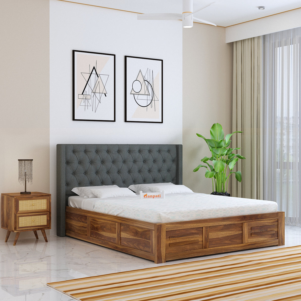 Swiss Solid Sheesham Wood Bed With Box Storage & Fabrio Style Upholstered Headboard-3 years Warranty(LUXE EDITION)