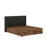 Swiss Solid Sheesham Wood Bed With Box Storage & Fabrio Style Upholstered Headboard-3 years Warranty(LUXE EDITION)
