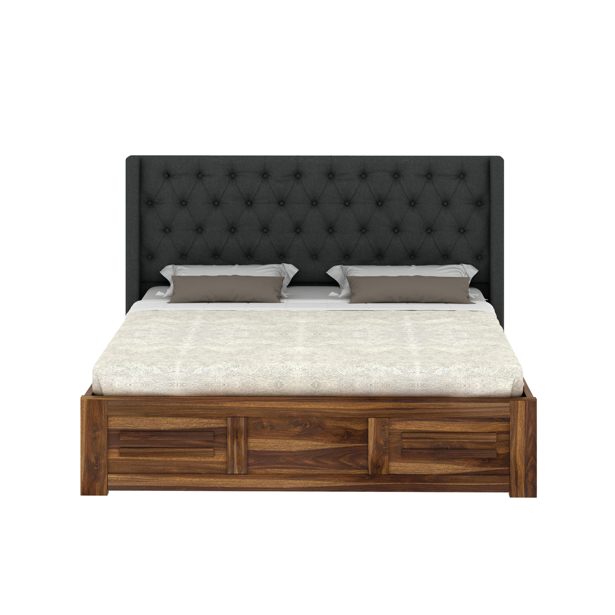 Swiss Solid Sheesham Wood Bed With Box Storage & Fabrio Style Upholstered Headboard-3 years Warranty(LUXE EDITION)