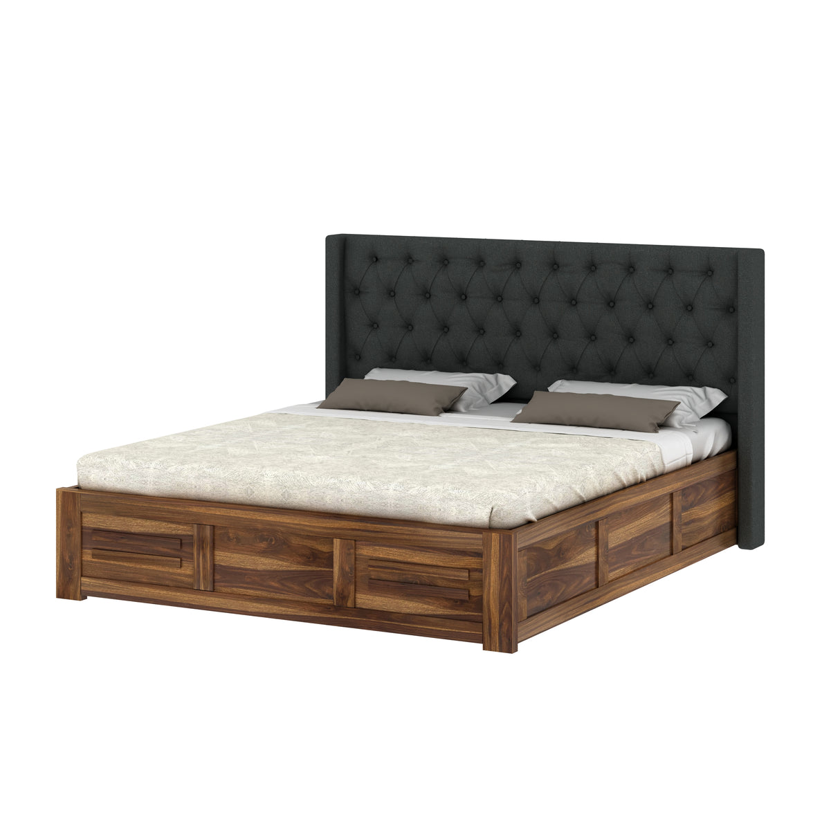 Swiss Solid Sheesham Wood Bed With Box Storage & Fabrio Style Upholstered Headboard-3 years Warranty(LUXE EDITION)