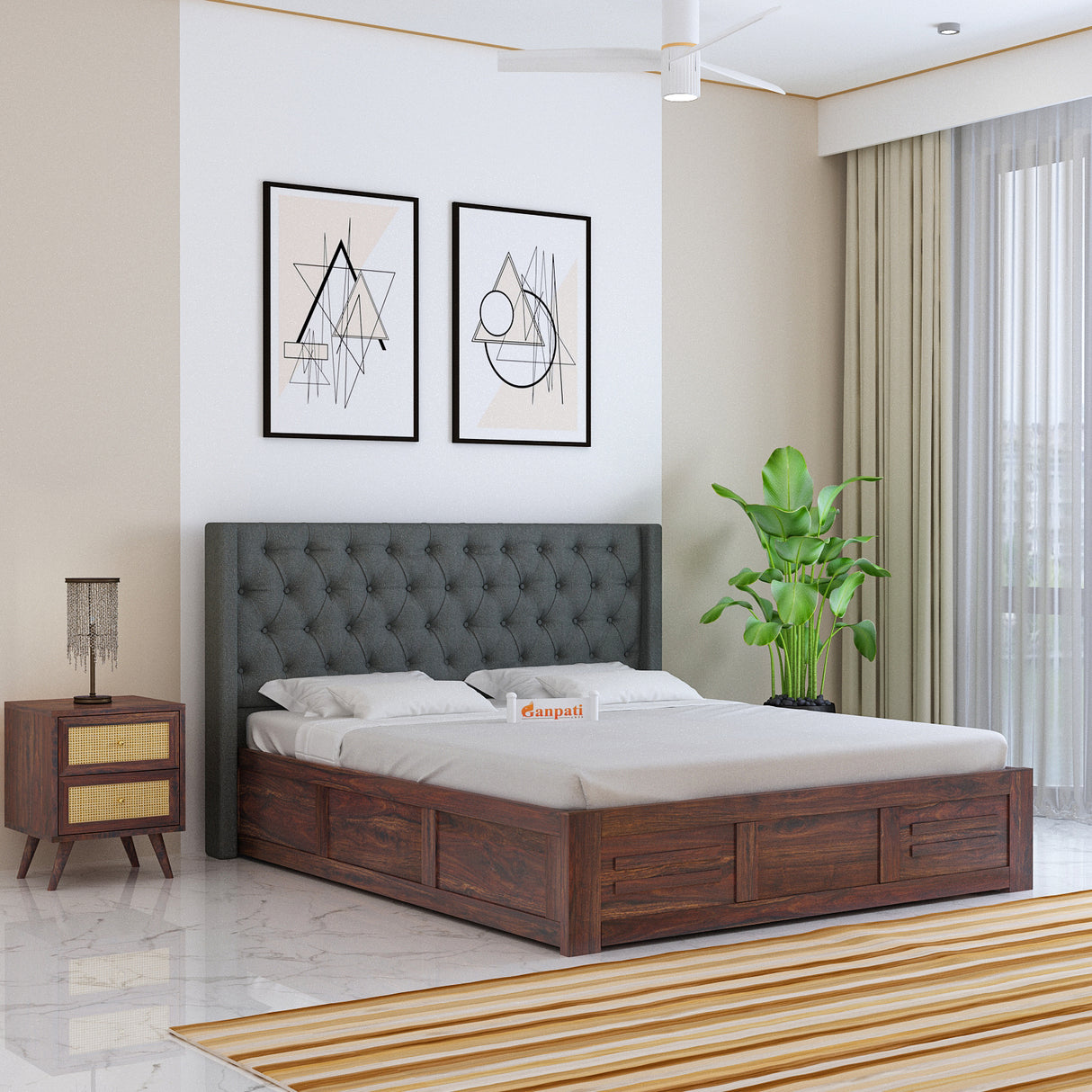 Swiss Solid Sheesham Wood Bed With Box Storage & Fabrio Style Upholstered Headboard-3 years Warranty(LUXE EDITION)