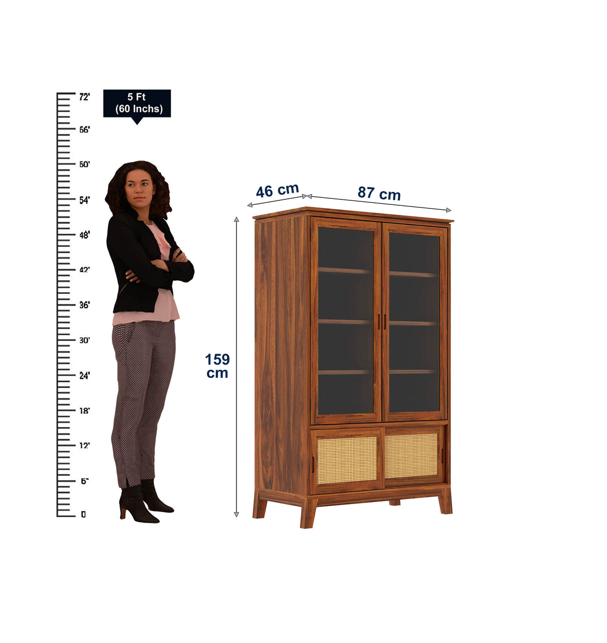 Cosmos CANE Sliding Door Display Unit in Solid Sheesham Wood - 3 Years Warranty