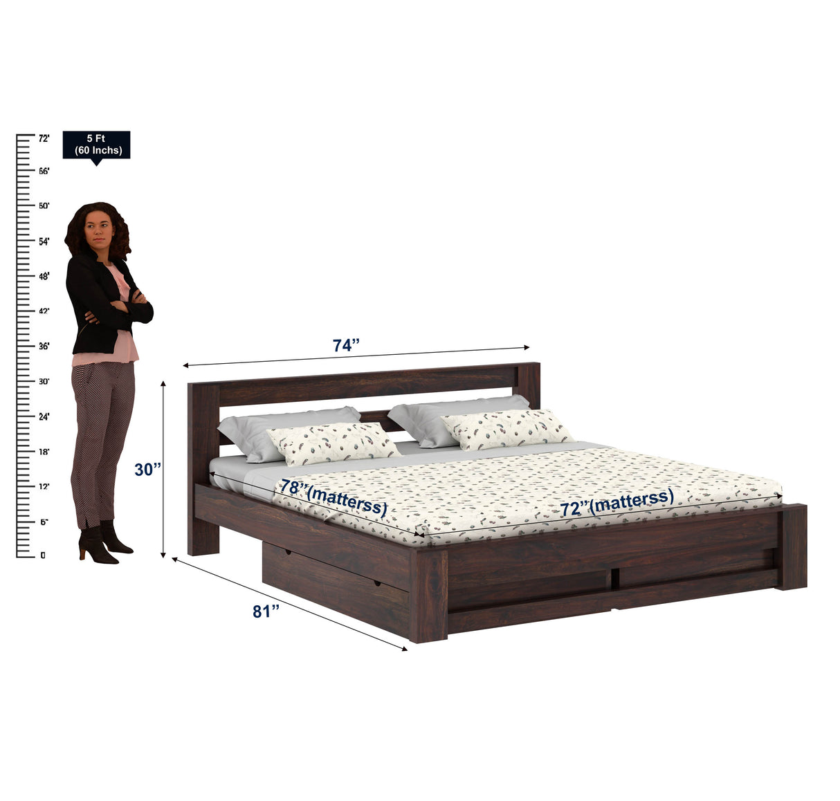 Foster Bed in Solid Sheesham Wood With Drawer Storage - 3 Years Warranty
