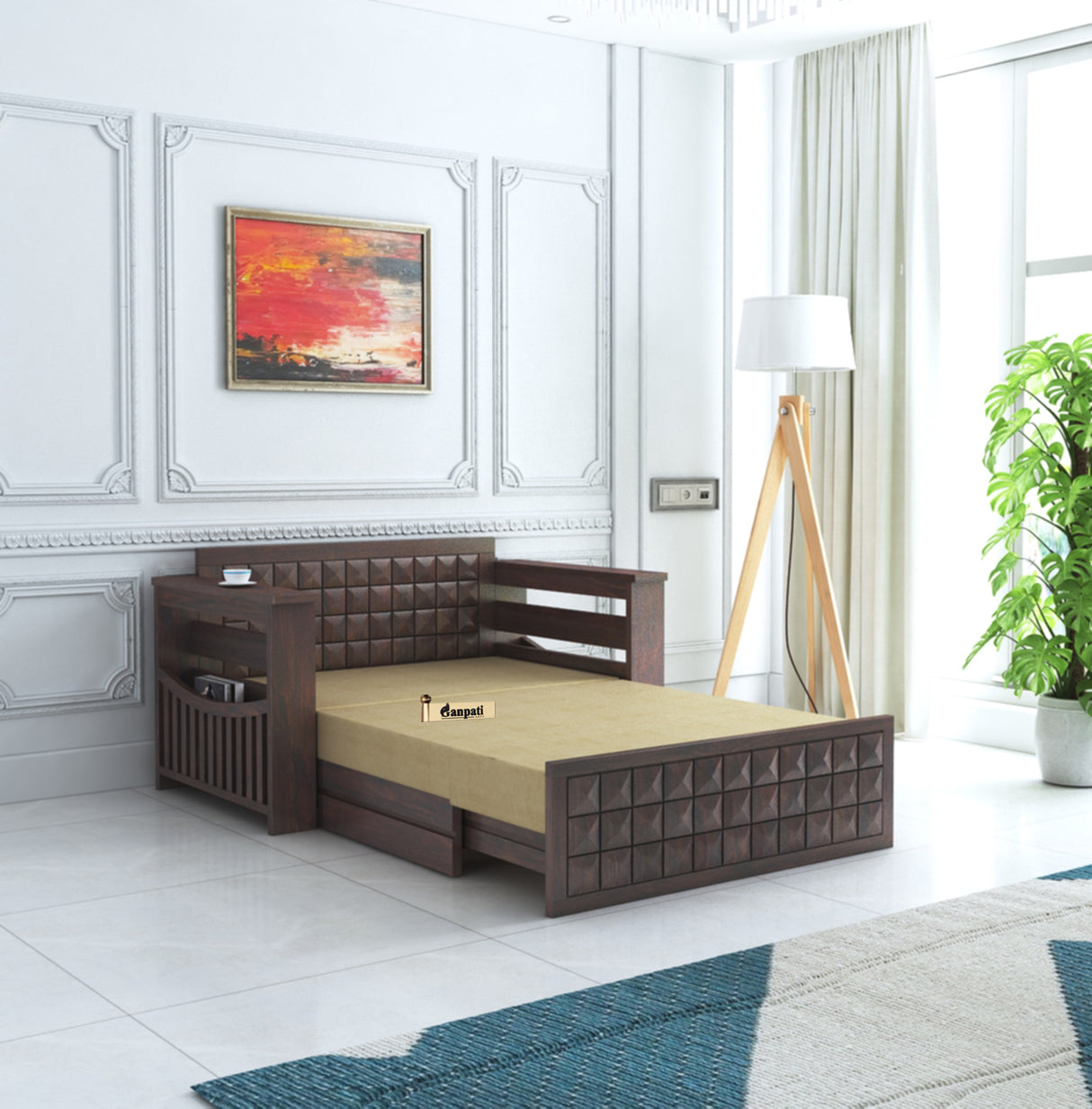 OSLO Solid Sheesham Wood 2 Seater Sofa Cum Bed With Headboard and Mini Storage - 3 Years Warranty